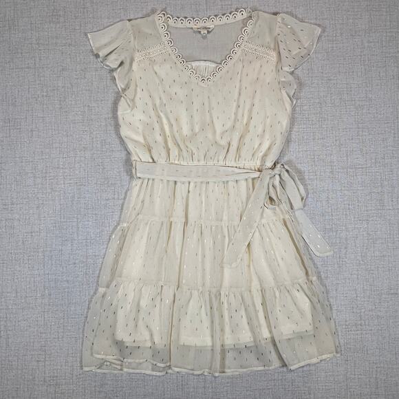 Sweet Wanderer Boho Midi Dress Cream Ruffle Sleeve Tie Waist Gold Size L - Picture 1 of 8